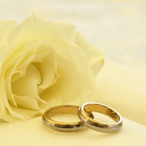 Trauringe mit einer gelben Rose im Hintergrund
